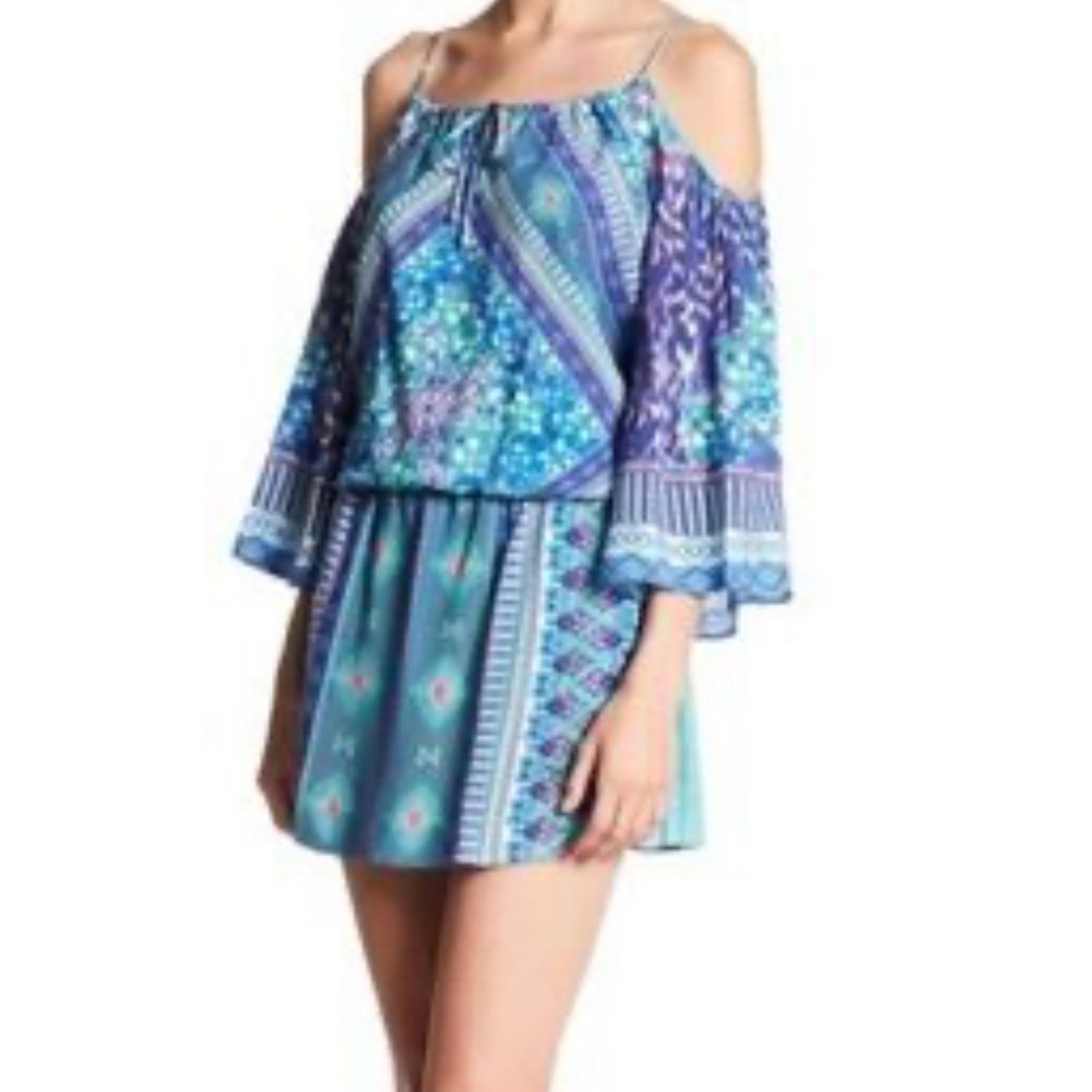 Hale Bob Cold Shoulder Mini Dress Bohemian Print Casual Summer Dress Size XS